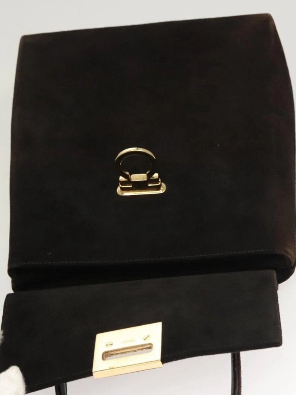 Salvatore Ferragamo Gancini Hand Bag Suede 2way Black Gold Auth BA2414 - Picture 11 of 16